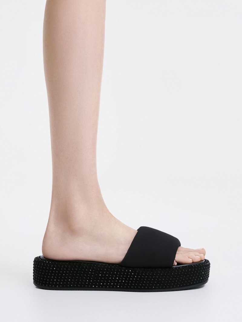 Sandale cu Platforma Charles & Keith Crystal-Embellished Nailon Negrii | 637WCMDSV