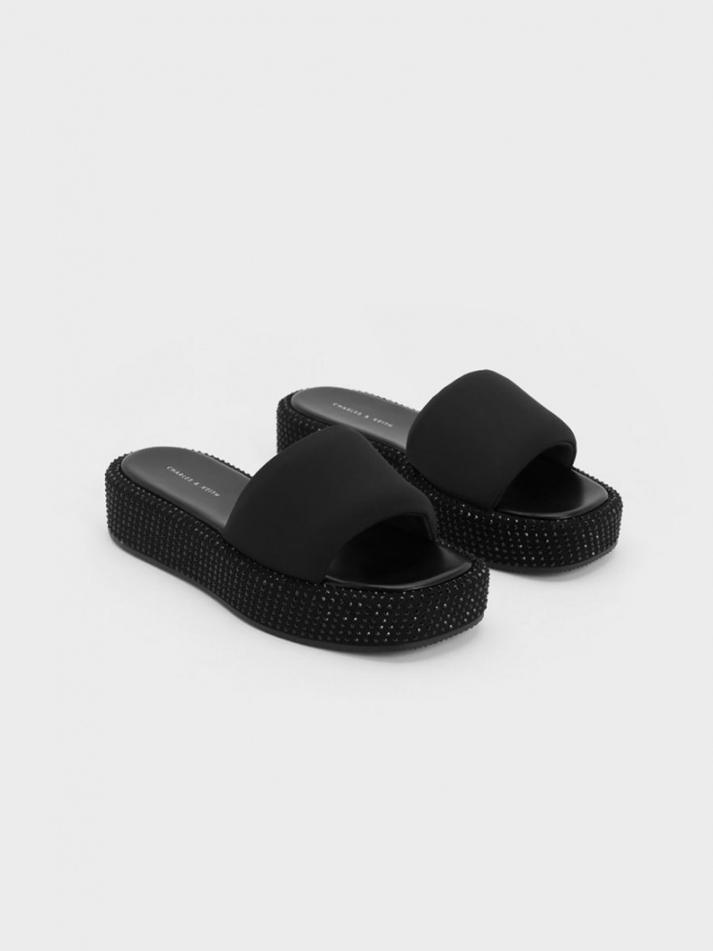 Sandale cu Platforma Charles & Keith Crystal-Embellished Nailon Negrii | 637WCMDSV