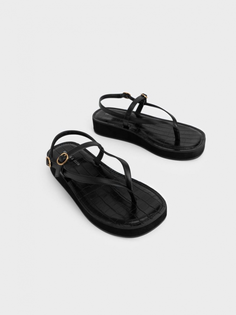 Sandale cu Platforma Charles & Keith Cu Bretele Flatform Tanga Negrii | 159PLBZMI