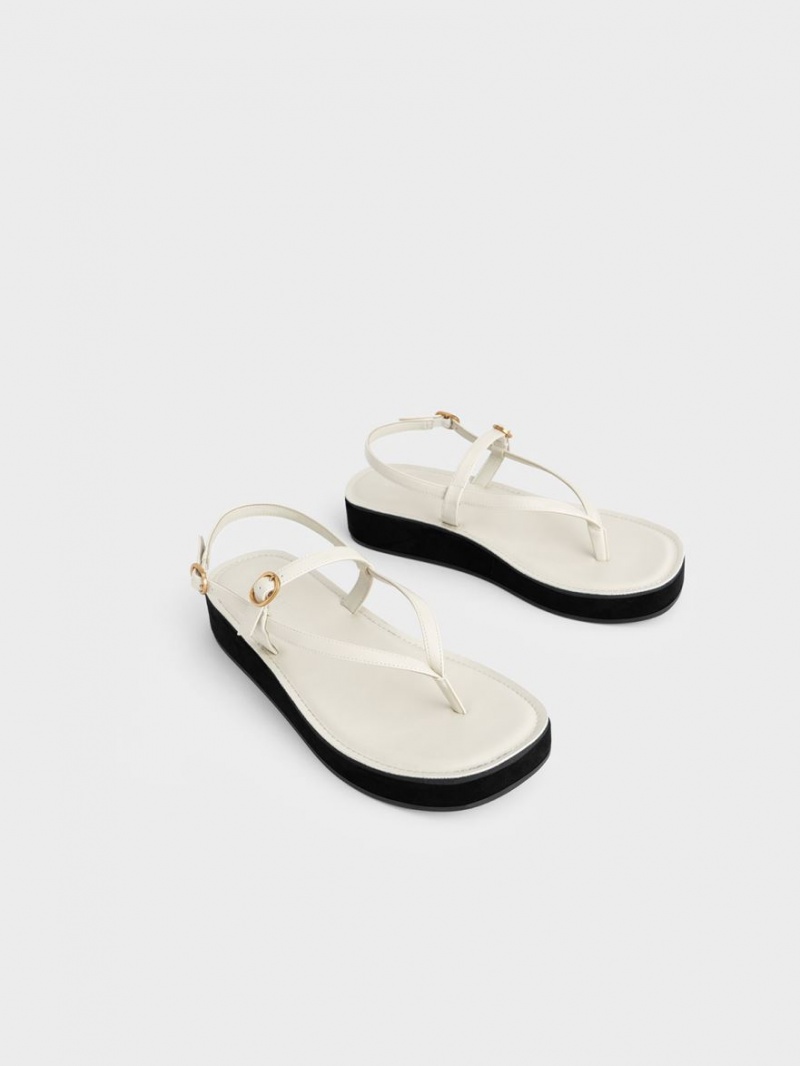 Sandale cu Platforma Charles & Keith Cu Bretele Flatform Tanga Albi | 537EHTXMB