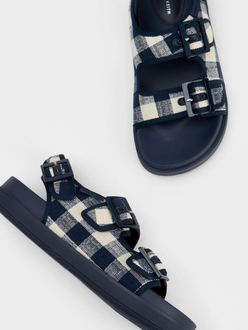 Sandale cu Platforma Charles & Keith Della Gingham Buckled Albastri Inchis | 018GLMPVC