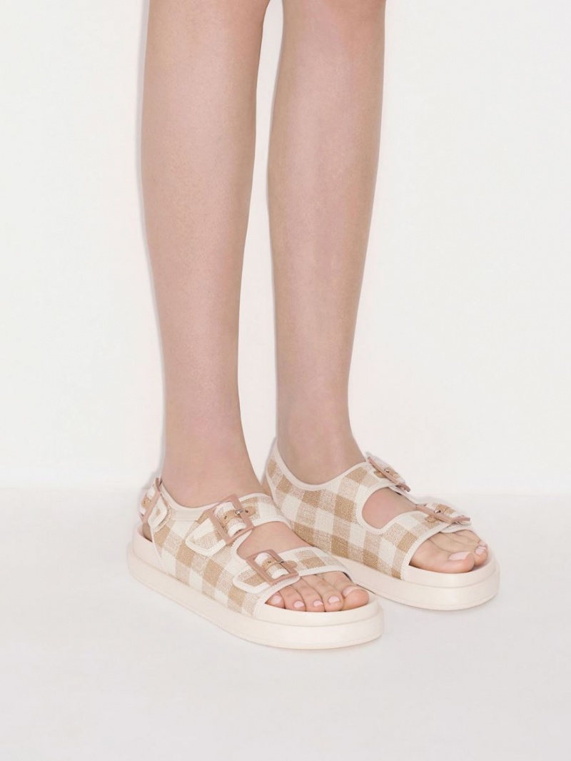 Sandale cu Platforma Charles & Keith Della Gingham Buckled Bej | 368LOHSFM