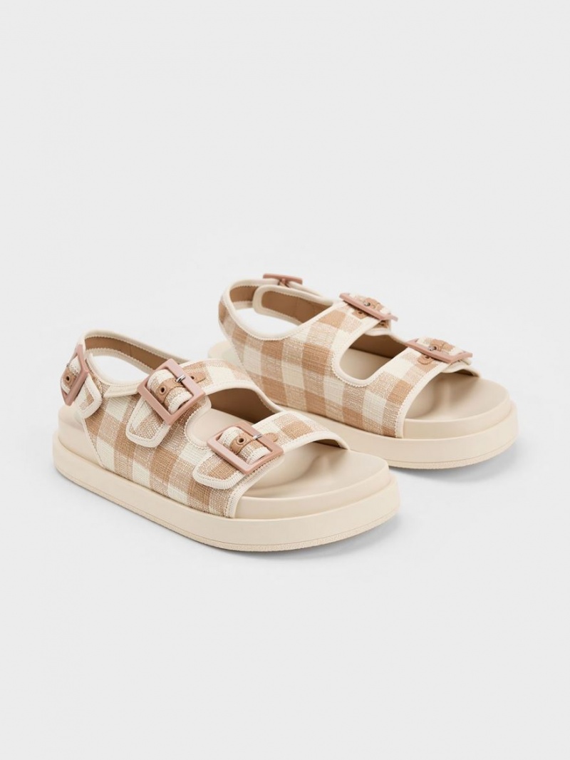 Sandale cu Platforma Charles & Keith Della Gingham Buckled Bej | 368LOHSFM