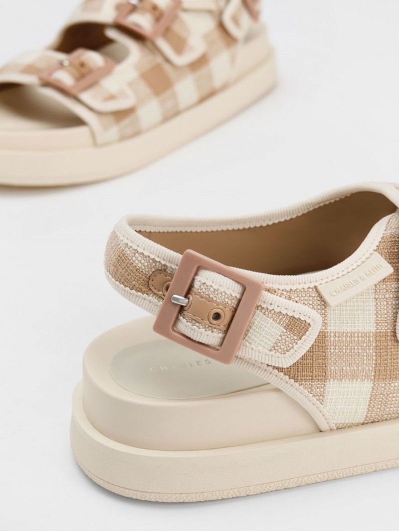 Sandale cu Platforma Charles & Keith Della Gingham Buckled Bej | 368LOHSFM