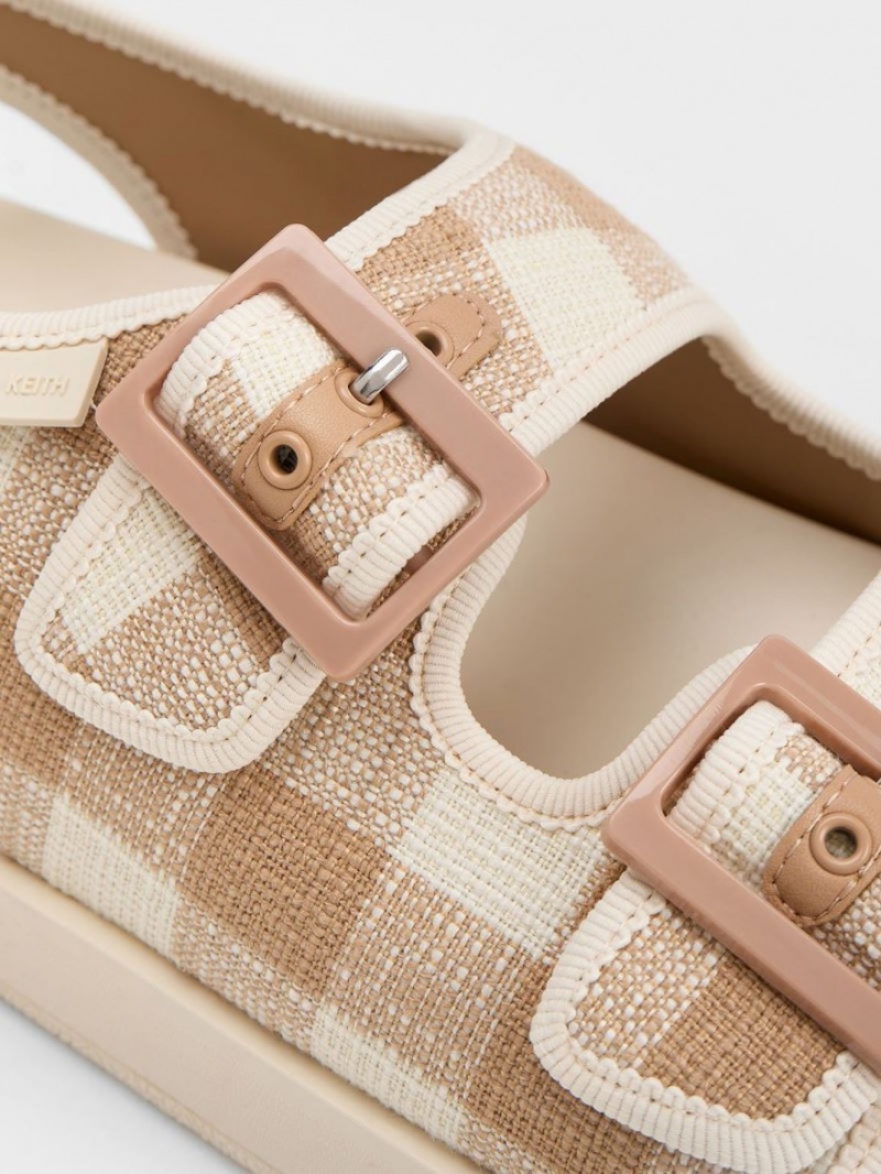 Sandale cu Platforma Charles & Keith Della Gingham Buckled Bej | 368LOHSFM