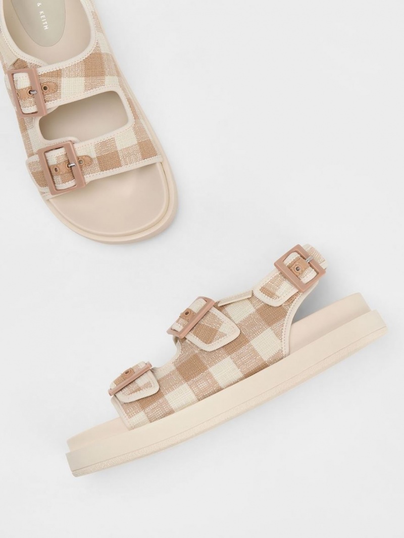 Sandale cu Platforma Charles & Keith Della Gingham Buckled Bej | 368LOHSFM