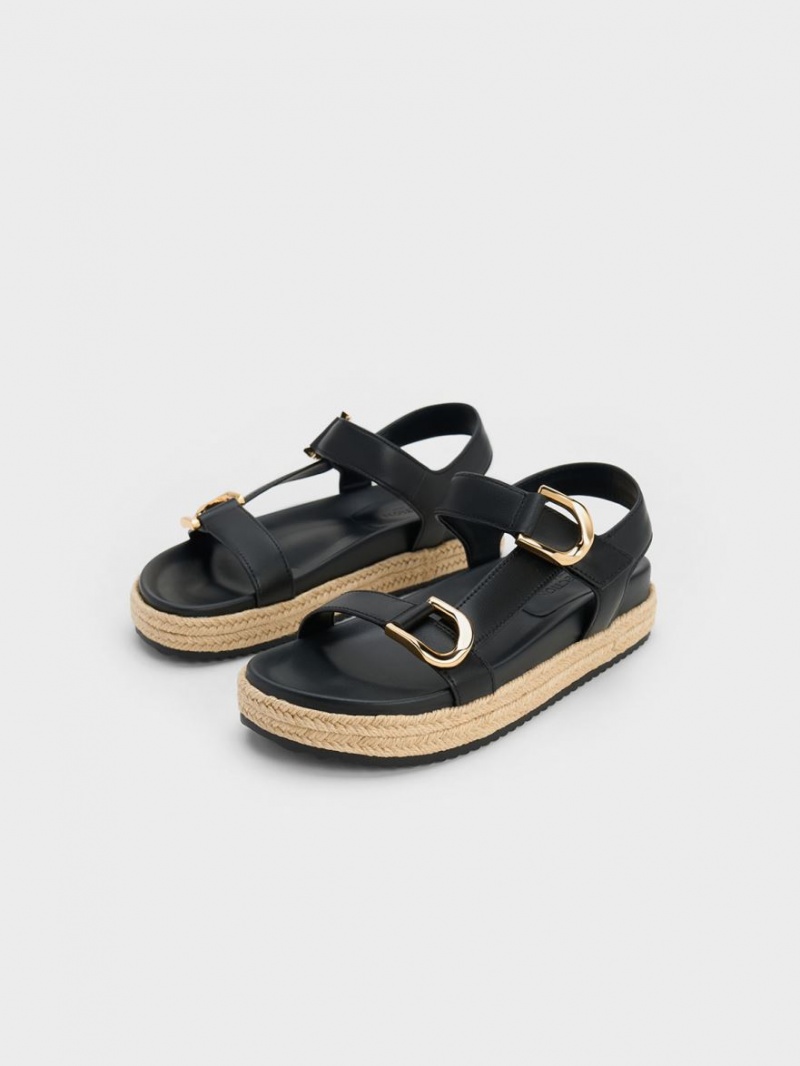 Sandale cu Platforma Charles & Keith Gabine Piele Espadrile Negrii | 789RJLBIV