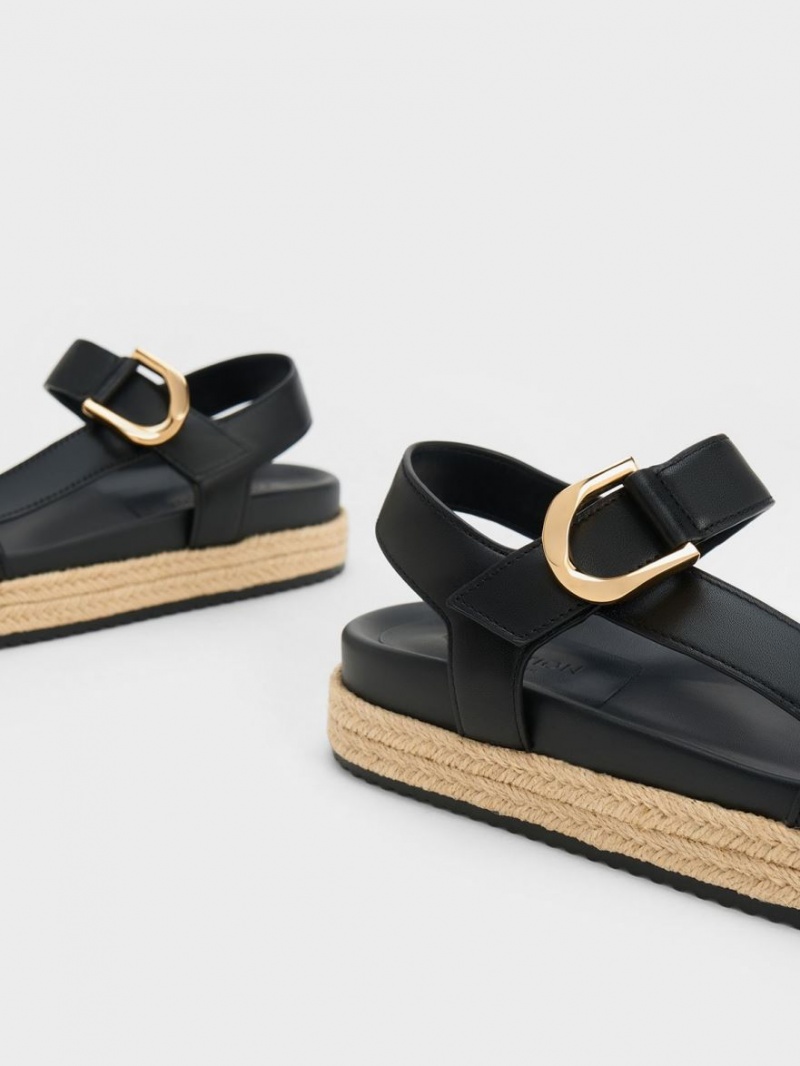 Sandale cu Platforma Charles & Keith Gabine Piele Espadrile Negrii | 789RJLBIV