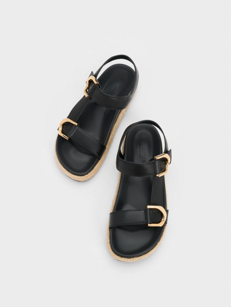 Sandale cu Platforma Charles & Keith Gabine Piele Espadrile Negrii | 789RJLBIV