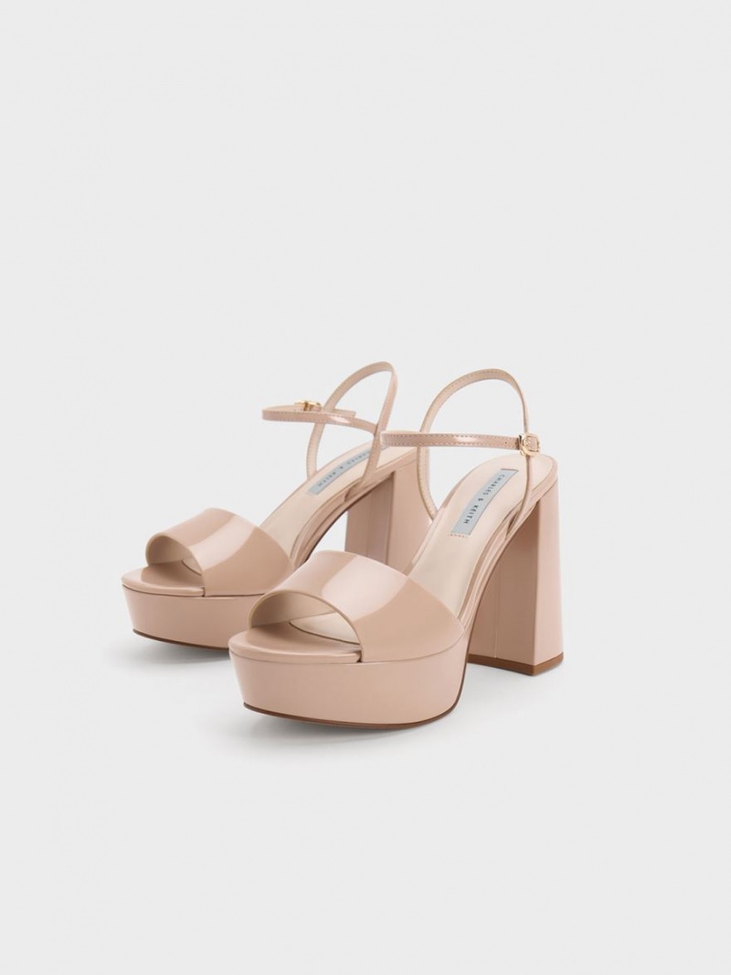Sandale cu Platforma Charles & Keith Halle Peep-Bombeu Lacuita Bej | 924QCHGRZ