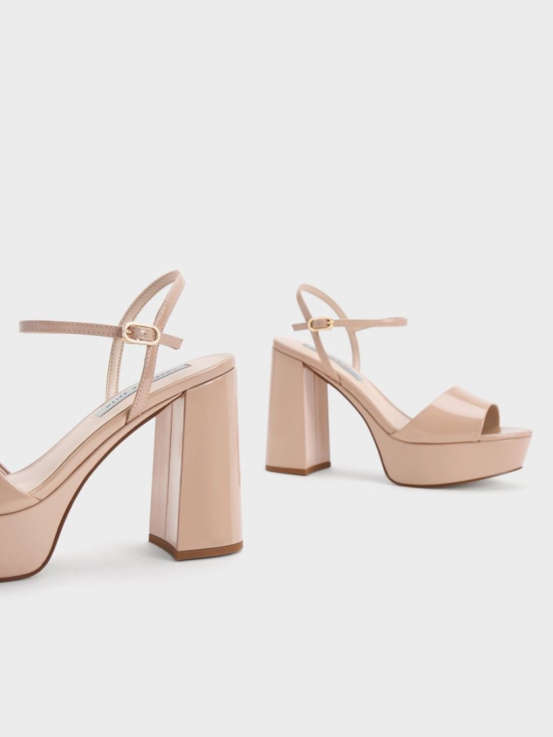 Sandale cu Platforma Charles & Keith Halle Peep-Bombeu Lacuita Bej | 924QCHGRZ