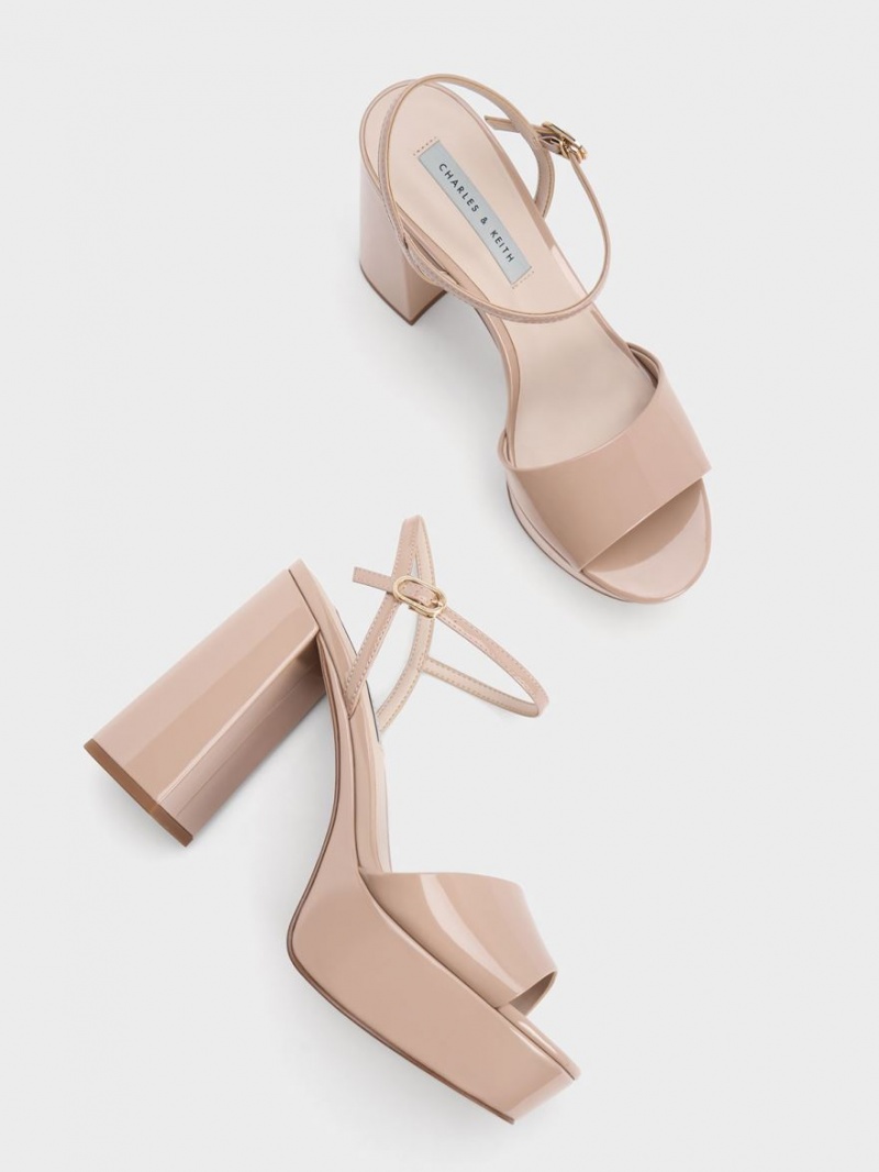 Sandale cu Platforma Charles & Keith Halle Peep-Bombeu Lacuita Bej | 924QCHGRZ