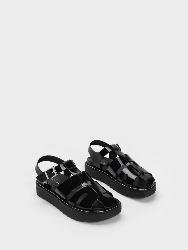 Sandale cu Platforma Charles & Keith Interwoven Lacuita Buckled Negrii | 732ODVBFN