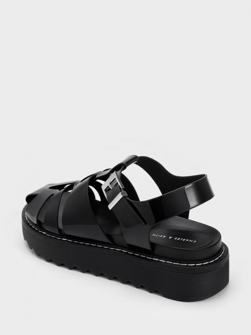Sandale cu Platforma Charles & Keith Interwoven Lacuita Buckled Negrii | 732ODVBFN