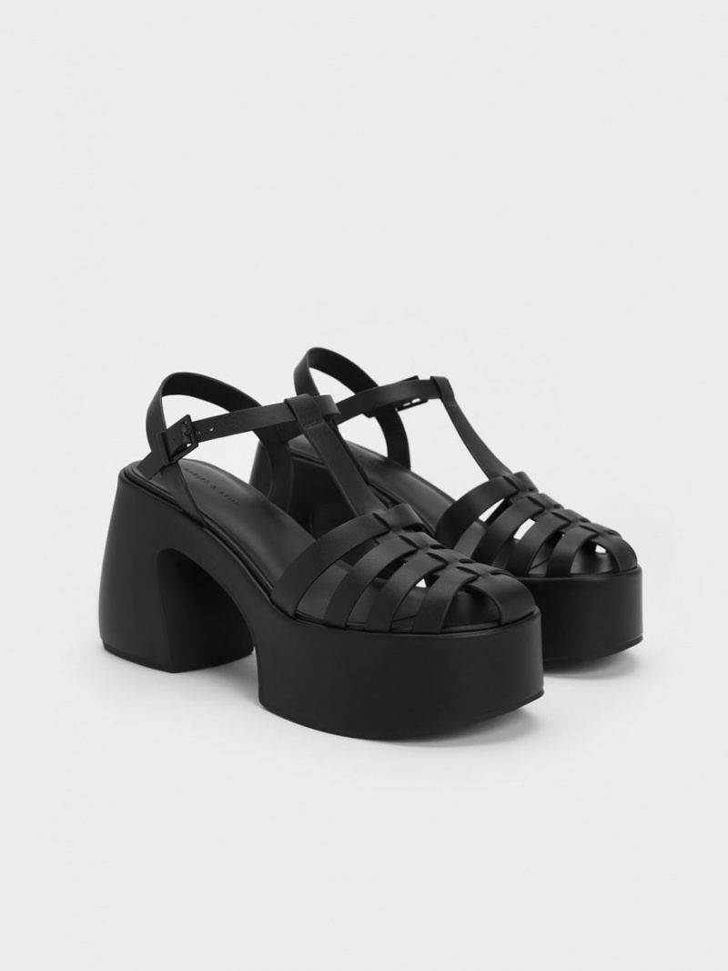 Sandale cu Platforma Charles & Keith Interwoven Platforma Gladiator Negrii | 854YGADCR