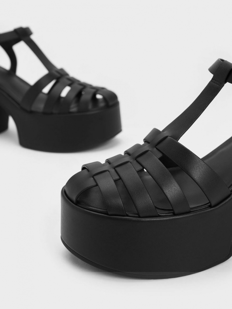 Sandale cu Platforma Charles & Keith Interwoven Platforma Gladiator Negrii | 854YGADCR