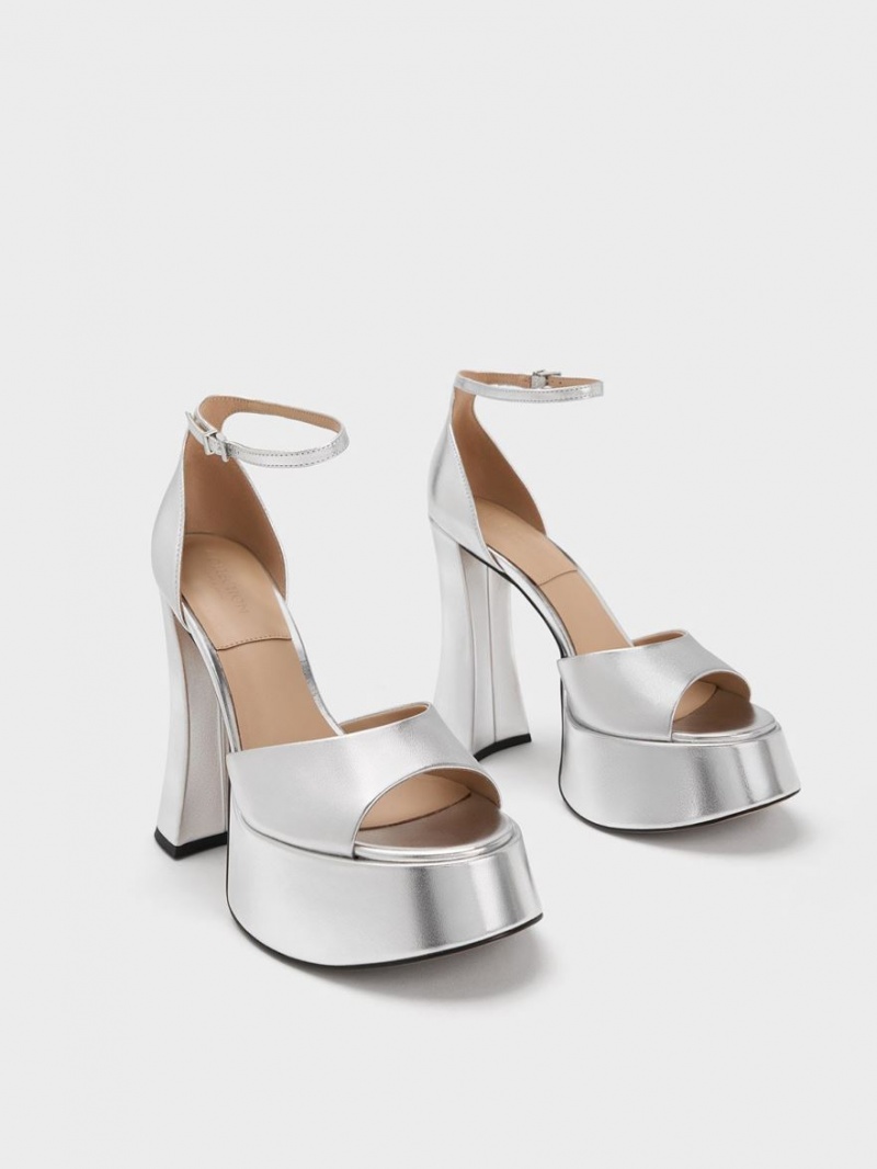Sandale cu Platforma Charles & Keith Michelle Metallic Piele Argintii | 506IZUACW