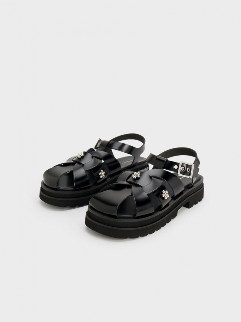 Sandale cu Platforma Charles & Keith Nell Gladiator Floral-Embellished Negrii | 756AQLWKR