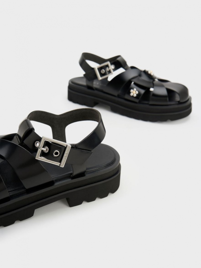 Sandale cu Platforma Charles & Keith Nell Gladiator Floral-Embellished Negrii | 756AQLWKR