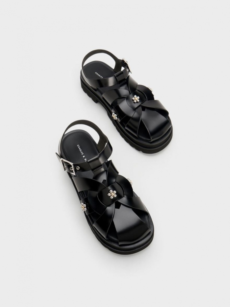 Sandale cu Platforma Charles & Keith Nell Gladiator Floral-Embellished Negrii | 756AQLWKR