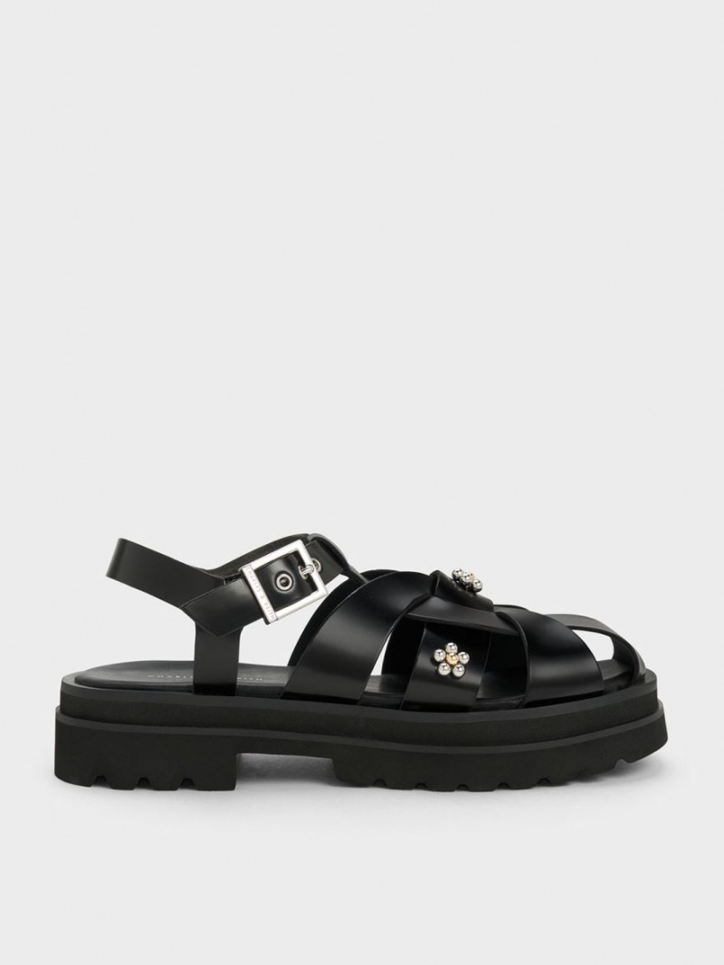 Sandale cu Platforma Charles & Keith Nell Gladiator Floral-Embellished Negrii | 756AQLWKR