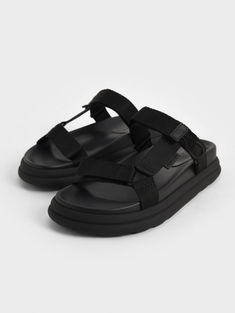 Sandale cu Platforma Charles & Keith Polyester Velcro Curea Sports Negrii | 930RNWPOQ