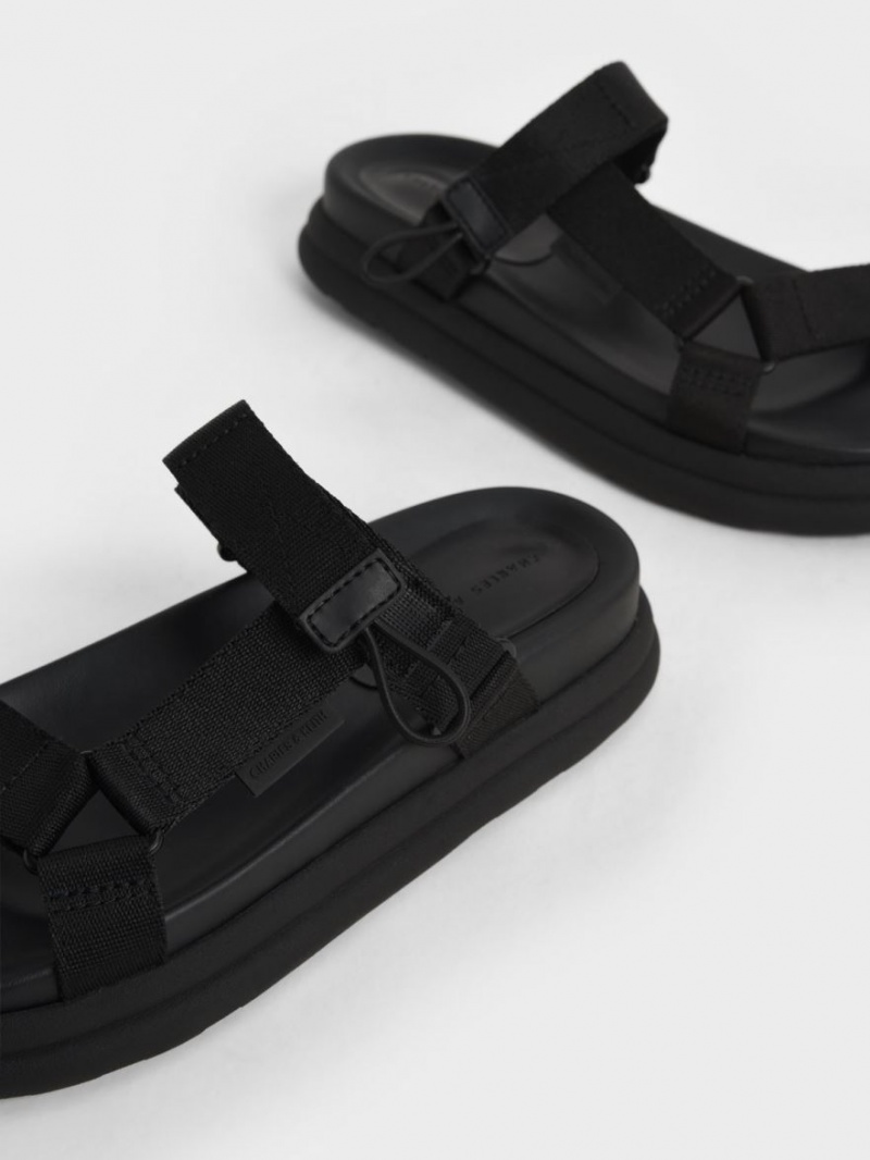 Sandale cu Platforma Charles & Keith Polyester Velcro Curea Sports Negrii | 930RNWPOQ