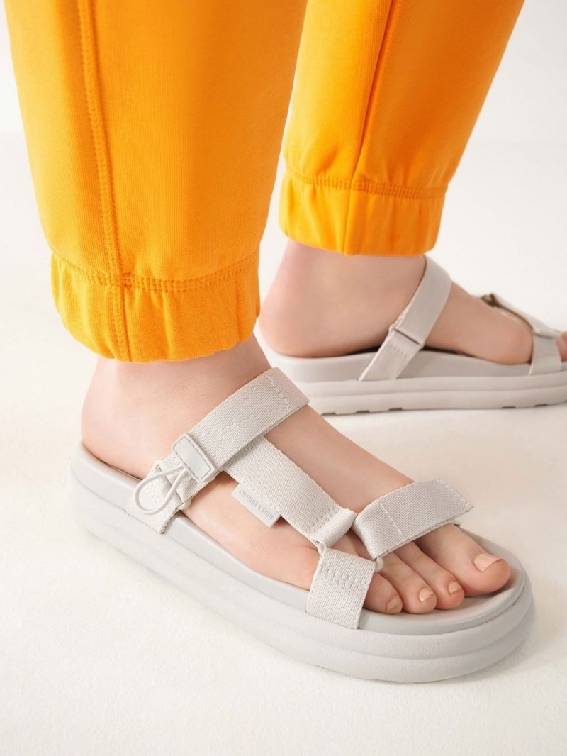 Sandale cu Platforma Charles & Keith Polyester Velcro Curea Sports Albi | 360JQCKVZ