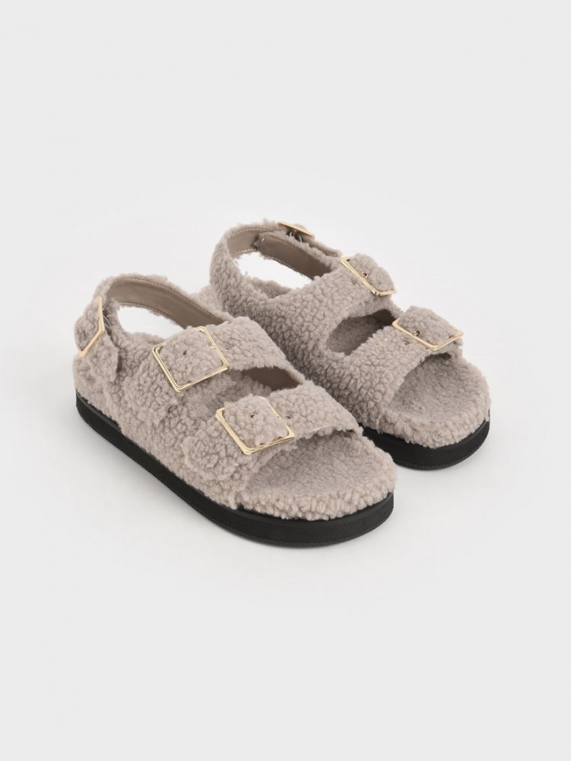 Sandale cu Platforma Charles & Keith Recycled PET - Furry Gri | 893IBZQDM