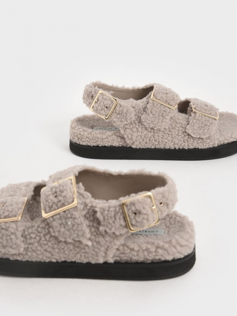 Sandale cu Platforma Charles & Keith Recycled PET - Furry Gri | 893IBZQDM