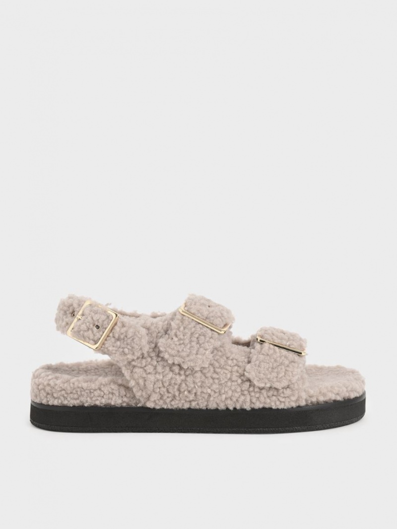 Sandale cu Platforma Charles & Keith Recycled PET - Furry Gri | 893IBZQDM