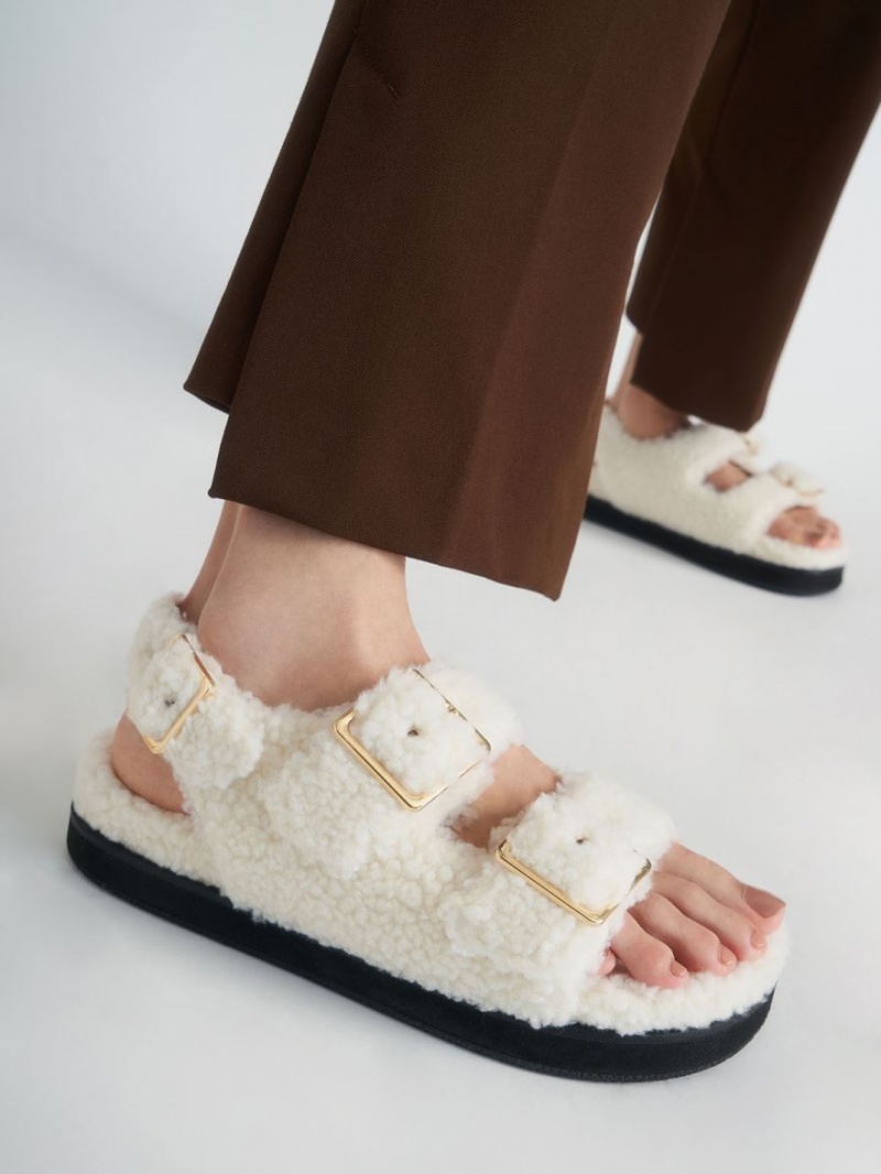 Sandale cu Platforma Charles & Keith Recycled PET - Furry Albi | 019XWZUNK