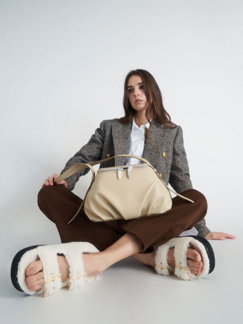Sandale cu Platforma Charles & Keith Recycled PET - Furry Albi | 019XWZUNK