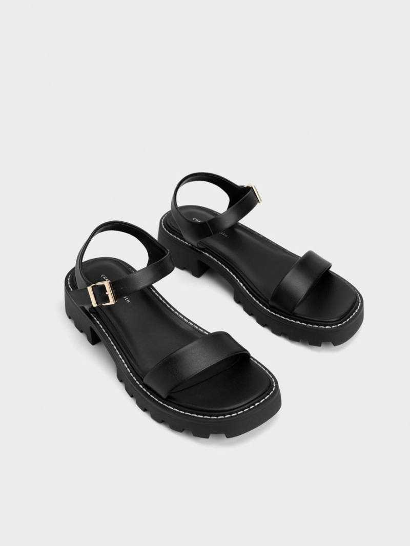 Sandale cu Platforma Charles & Keith Stitch-Trim Buckled Negrii | 634UDNZRS