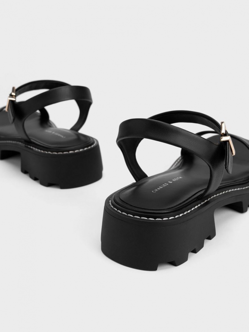 Sandale cu Platforma Charles & Keith Stitch-Trim Buckled Negrii | 634UDNZRS