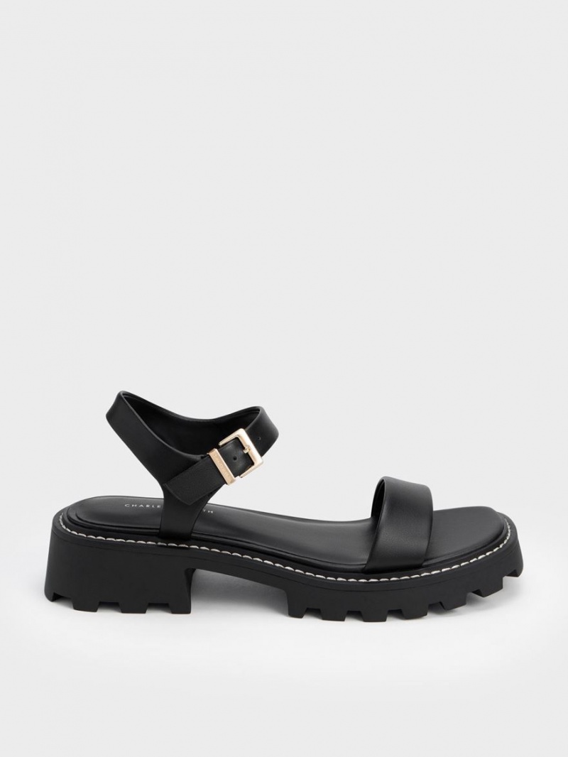 Sandale cu Platforma Charles & Keith Stitch-Trim Buckled Negrii | 634UDNZRS