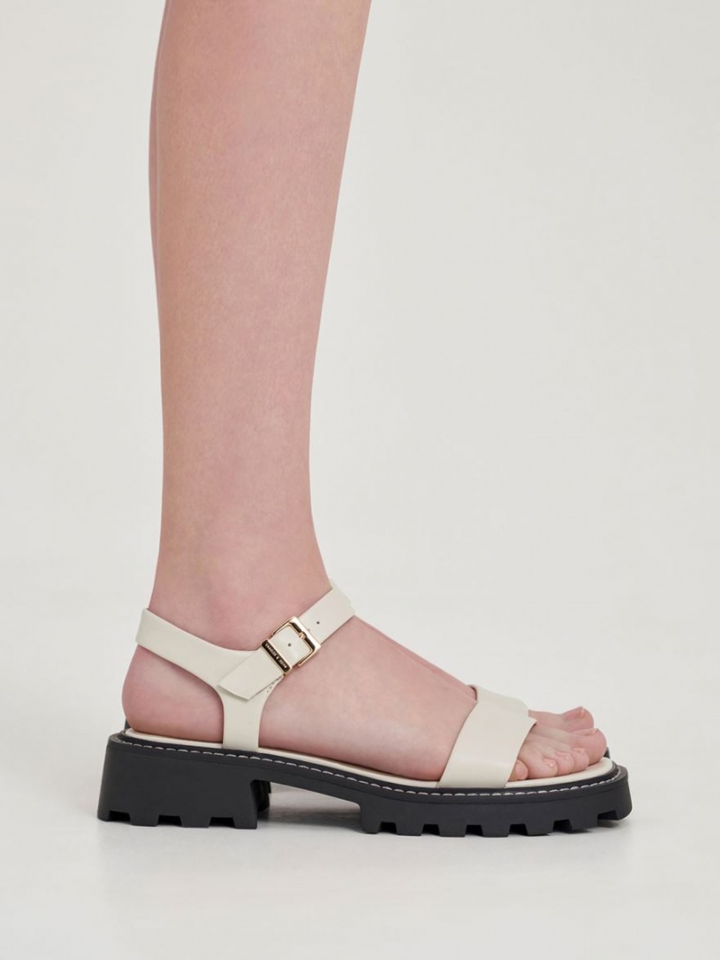 Sandale cu Platforma Charles & Keith Stitch-Trim Buckled Albi | 198VRKIHJ