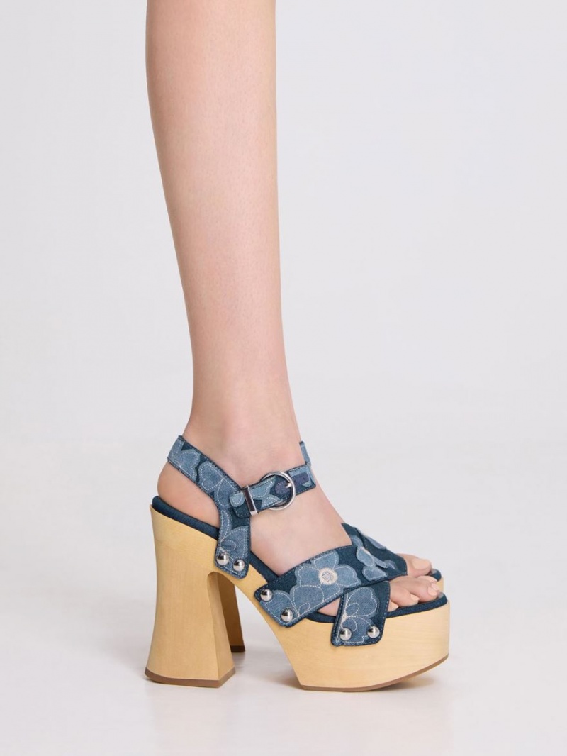 Sandale cu Platforma Charles & Keith Tabitha Floral Denim Crossover Albastri | 542CTNQUJ