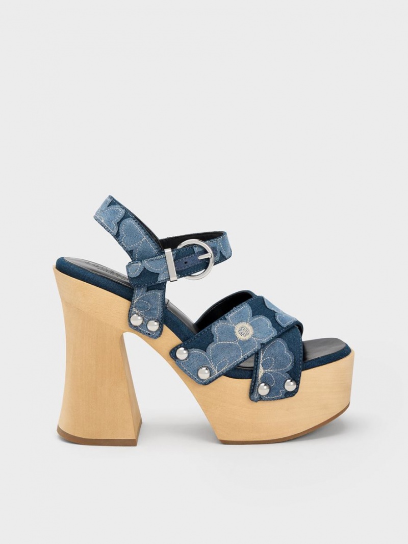 Sandale cu Platforma Charles & Keith Tabitha Floral Denim Crossover Albastri | 542CTNQUJ