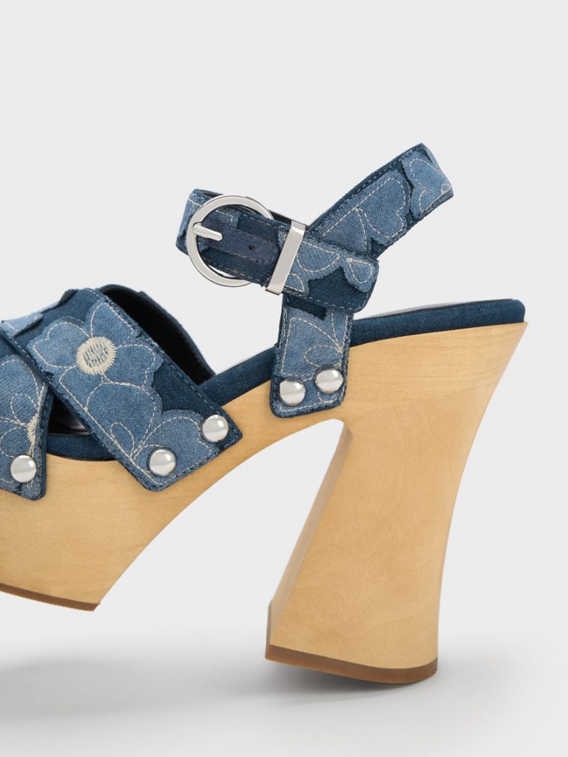 Sandale cu Platforma Charles & Keith Tabitha Floral Denim Crossover Albastri | 542CTNQUJ