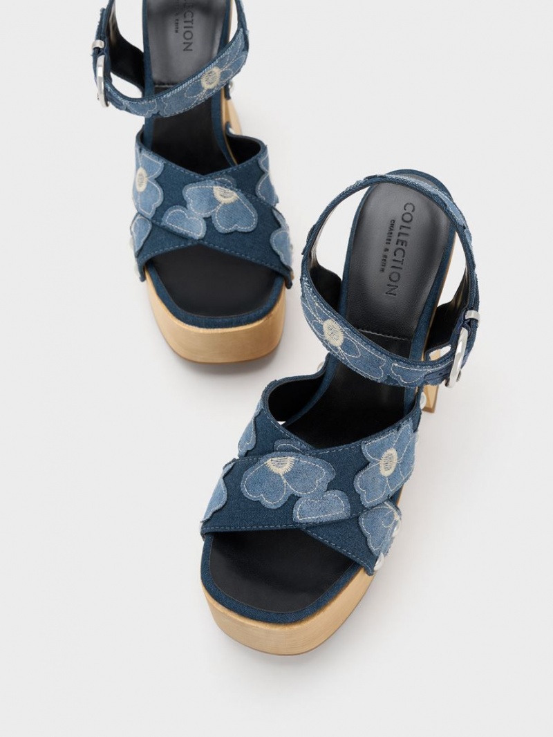 Sandale cu Platforma Charles & Keith Tabitha Floral Denim Crossover Albastri | 542CTNQUJ