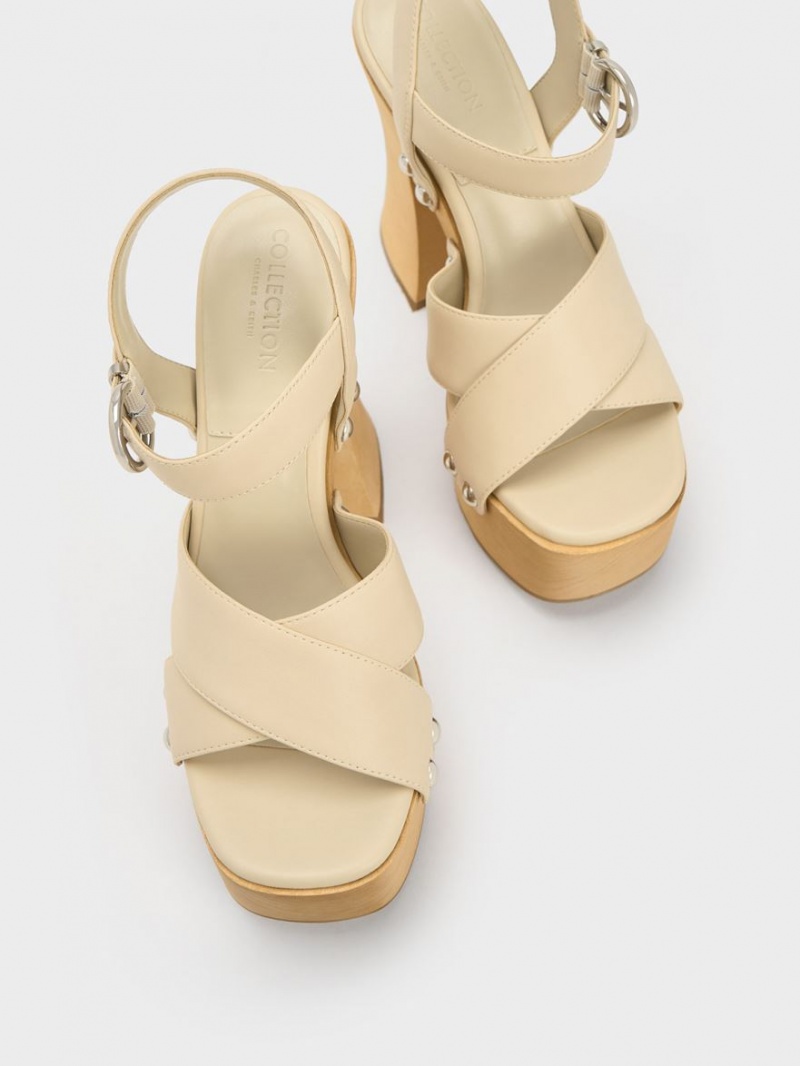 Sandale cu Platforma Charles & Keith Tabitha Piele Crossover Albi | 657ORAINW
