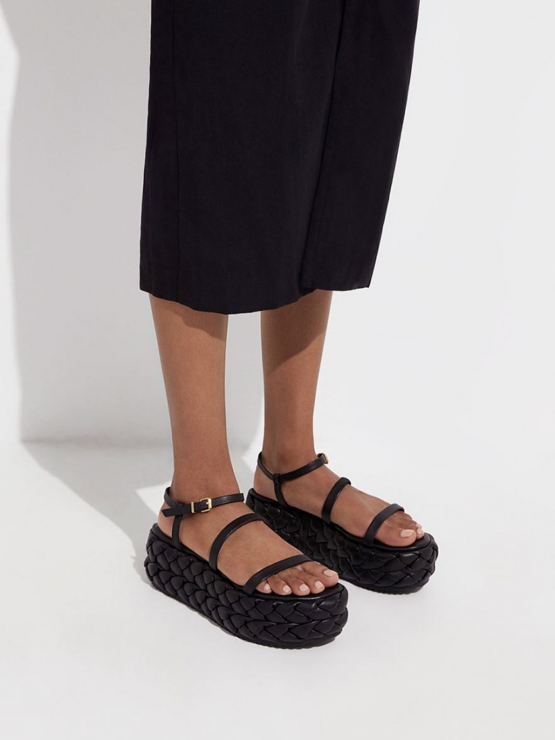 Sandale cu Platforma Charles & Keith Tali Piele Braided Negrii | 963LCBQXS