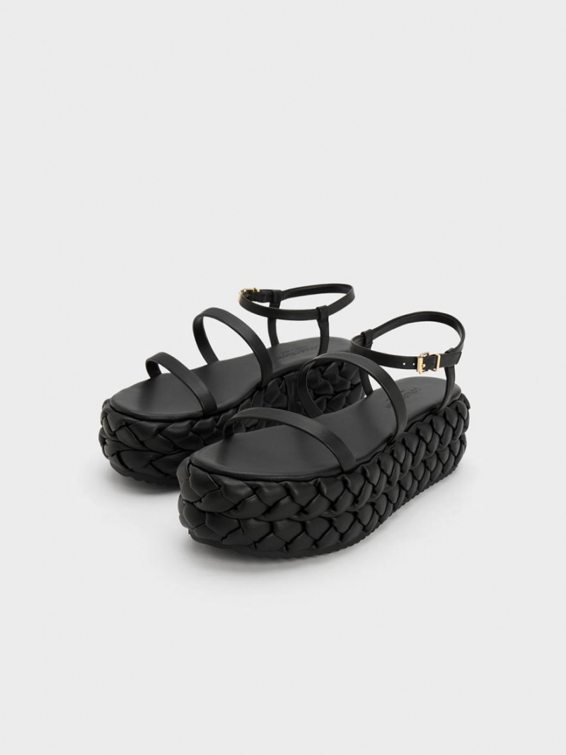 Sandale cu Platforma Charles & Keith Tali Piele Braided Negrii | 963LCBQXS