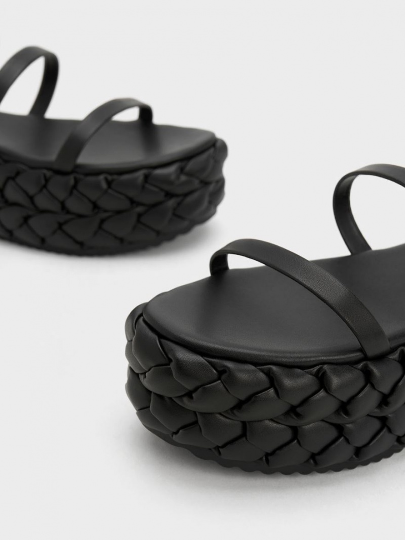 Sandale cu Platforma Charles & Keith Tali Piele Braided Negrii | 963LCBQXS