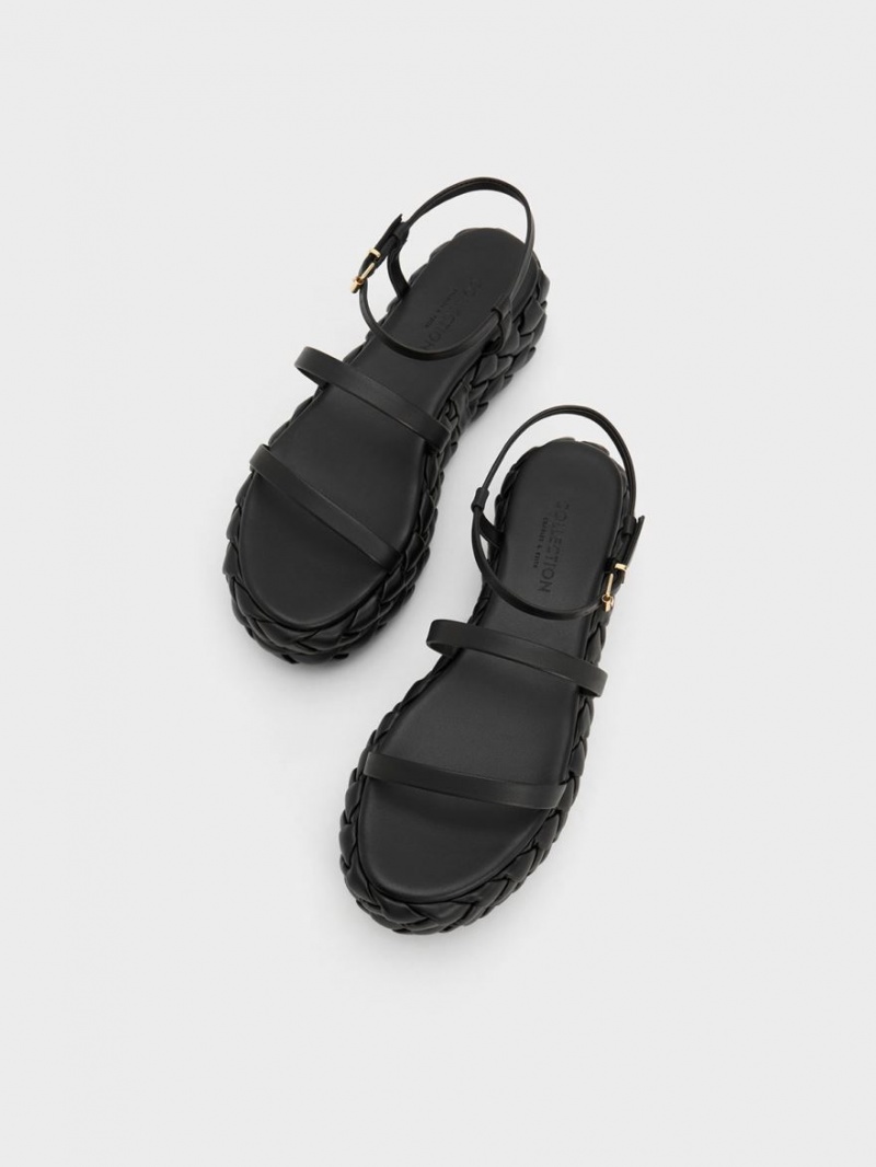 Sandale cu Platforma Charles & Keith Tali Piele Braided Negrii | 963LCBQXS