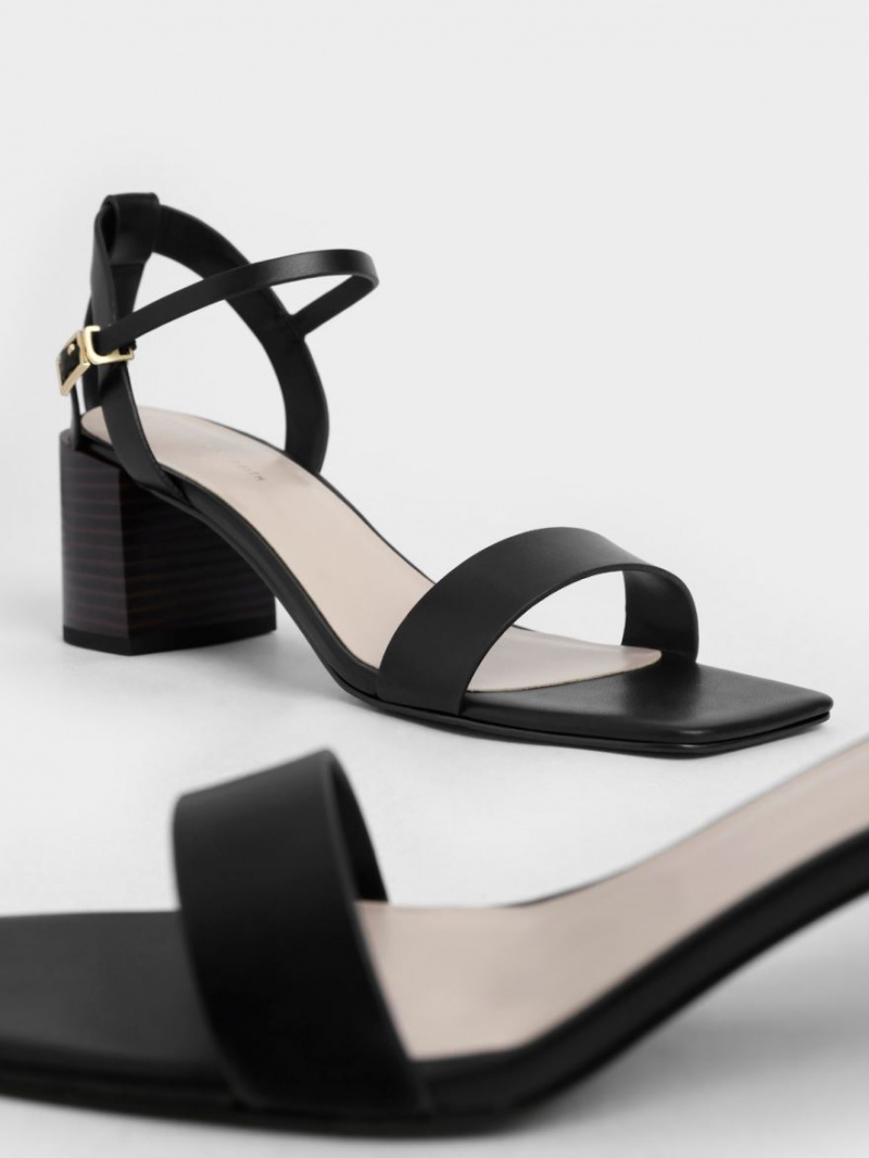 Sandale cu Toc Charles & Keith Ankle Curea Stacked Negrii | 103NEDLMA