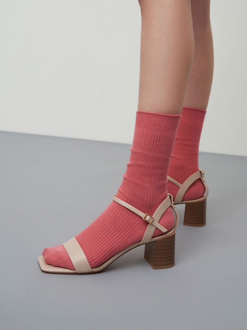 Sandale cu Toc Charles & Keith Ankle Curea Stacked Bej | 329SRGKEU
