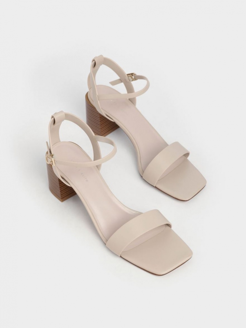 Sandale cu Toc Charles & Keith Ankle Curea Stacked Bej | 329SRGKEU