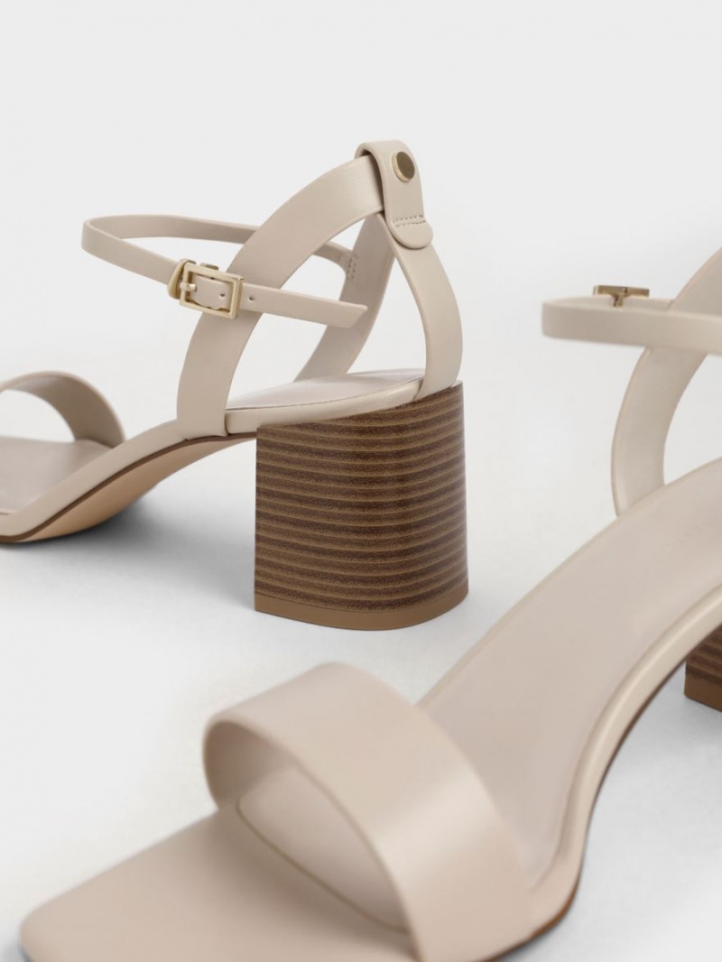 Sandale cu Toc Charles & Keith Ankle Curea Stacked Bej | 329SRGKEU